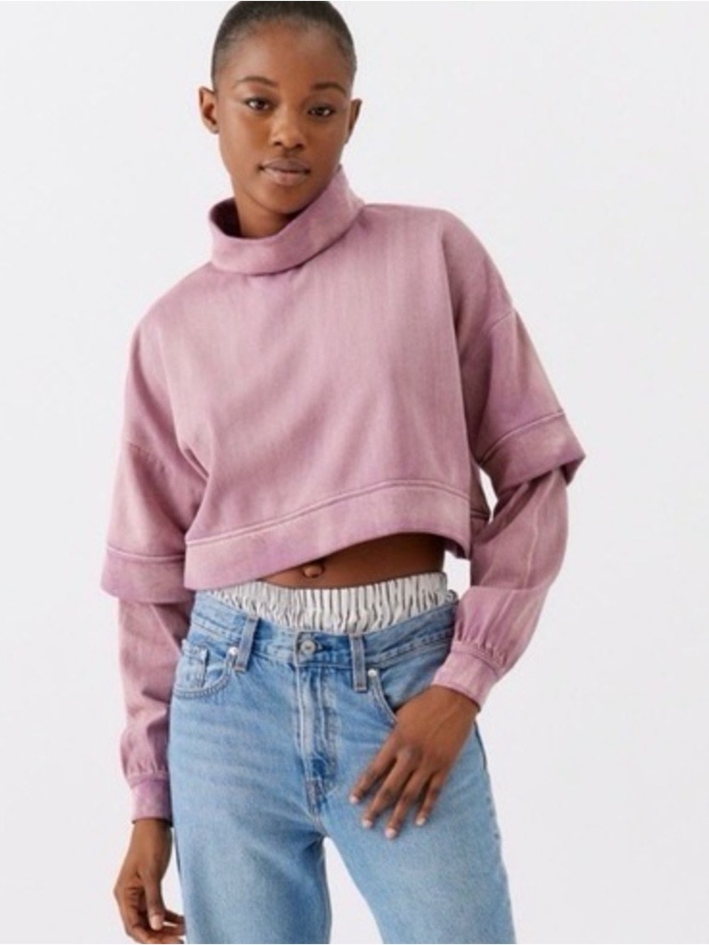 Urban Outfitters BDG Size Large Purple Mock Neck Cropped Layered Drew Sweatshirt